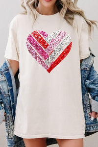 Faux Sequins Striped Heart Graphic Heavy Cotton T