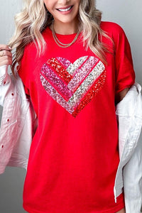 Faux Sequins Striped Heart Graphic Heavy Cotton T