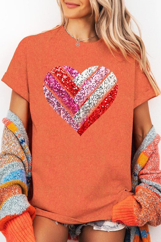 Faux Sequins Striped Heart Graphic Heavy Cotton T