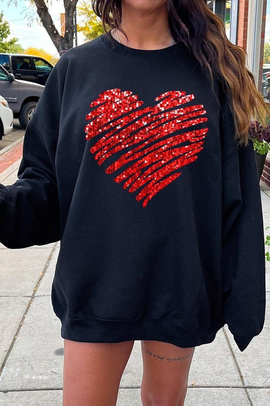 Faux Sequins Scribble Heart Graphic Sweatshirt