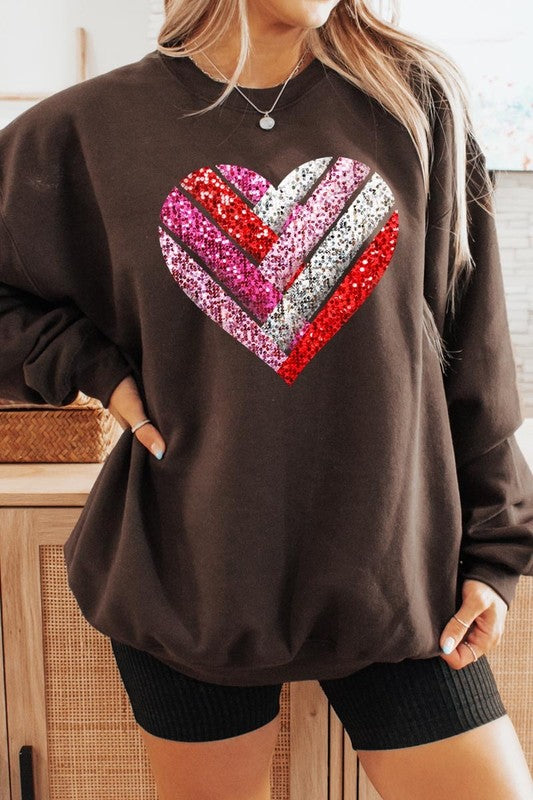 Faux Sequins Striped Heart Graphic Sweatshirt