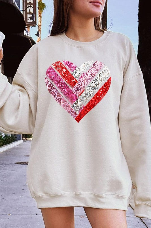 Faux Sequins Striped Heart Graphic Sweatshirt