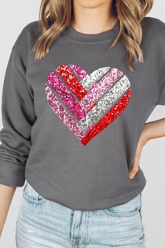 Faux Sequins Striped Heart Graphic Sweatshirt