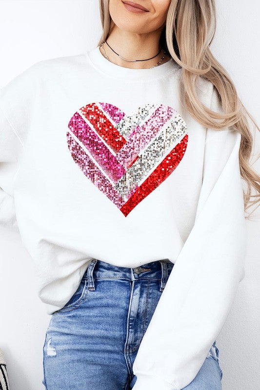 Faux Sequins Striped Heart Graphic Sweatshirt