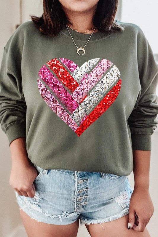 Faux Sequins Striped Heart Graphic Sweatshirt