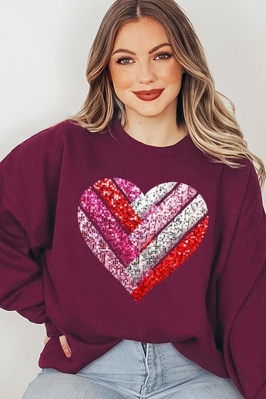 Faux Sequins Striped Heart Graphic Sweatshirt