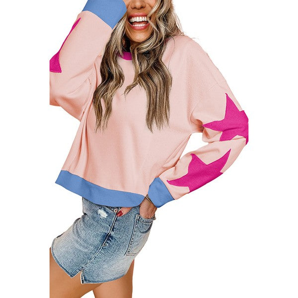 Star Patchwork Exposed Seam Oversized Sweatshirt