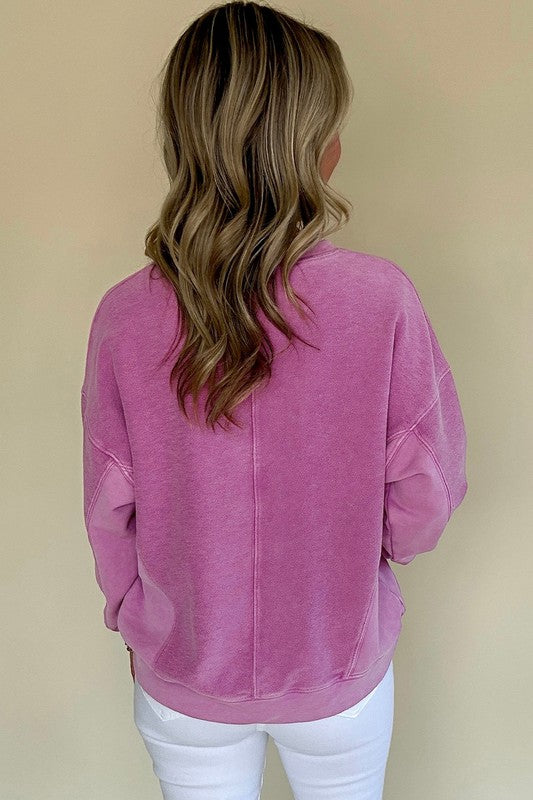 Solid Color Notched Neck Drop Shoulder Sweatshirt