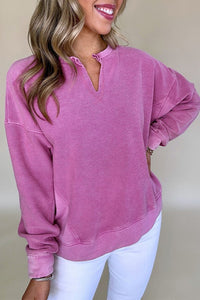 Solid Color Notched Neck Drop Shoulder Sweatshirt