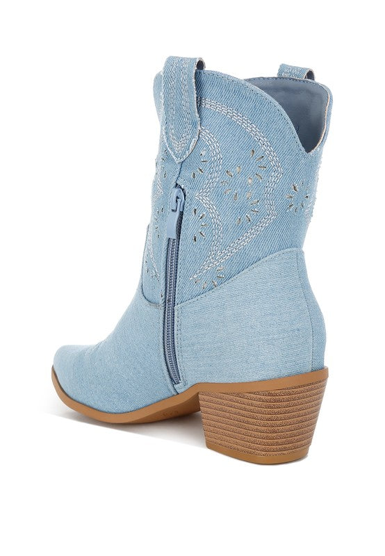 Nigara Cut Out Detail Denim Cowboy Boots