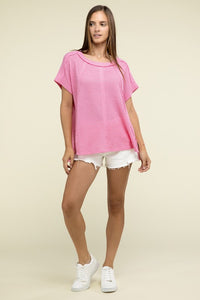 Brushed Waffle Exposed-Seam Short Sleeve Top