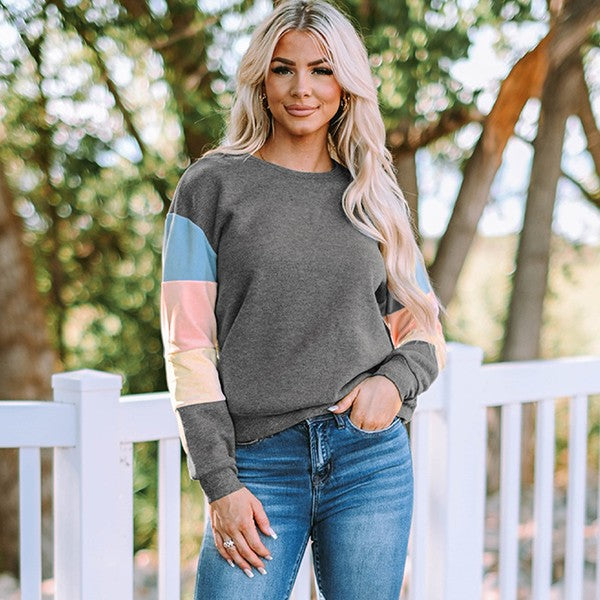 Gray Colorblock Long Sleeve Pullover Sweatshirt