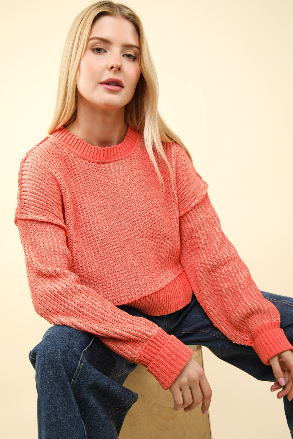 VERY J Exposed Seam Cropped Striped Slit Sweater