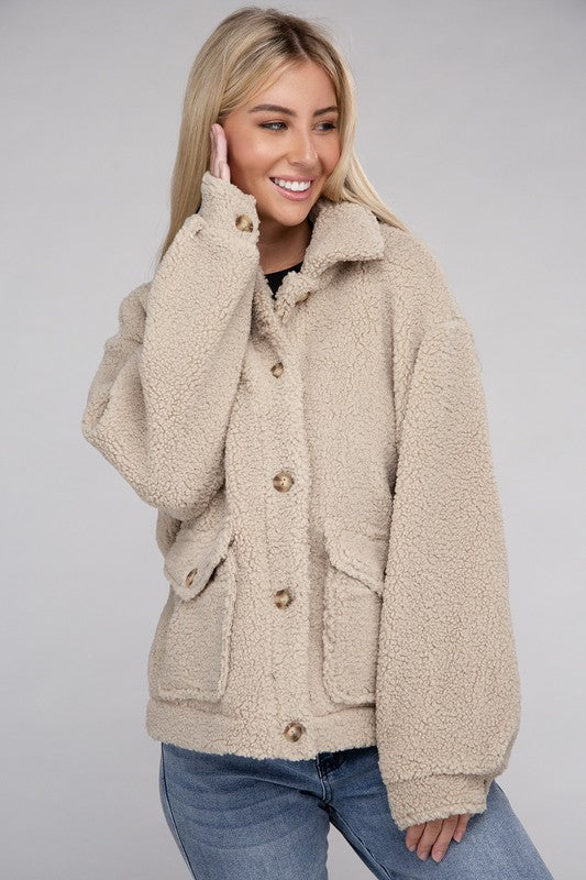 Cozy Sherpa Button-Front Jacket - Ivy & Lane