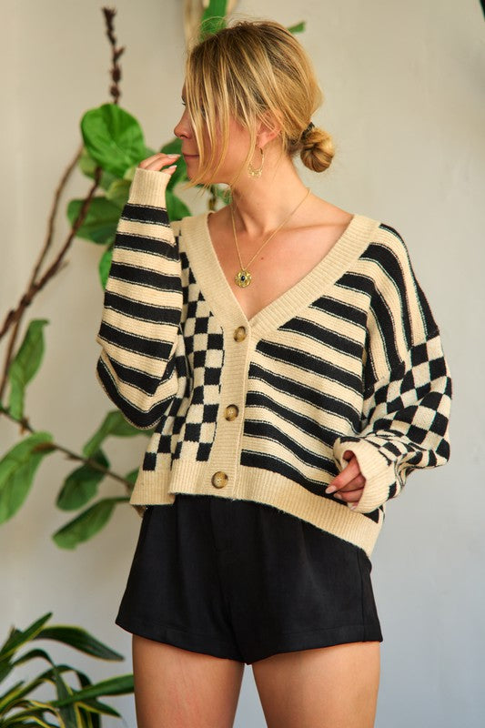 Contrast pattern sweater cardigan