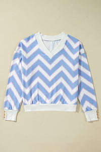 Sky Blue Zigzag Striped Print V Neck Oversized Top