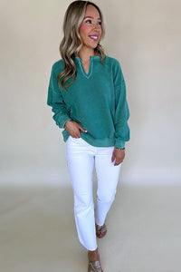 Solid Color Notched Neck Drop Shoulder Sweatshirt