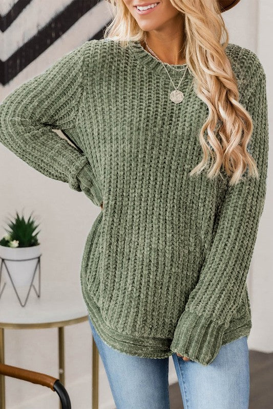 Women Long Sleeve Round Hem Cable Knit Sweater