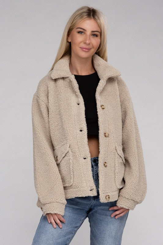 Cozy Sherpa Button-Front Jacket - Ivy & Lane