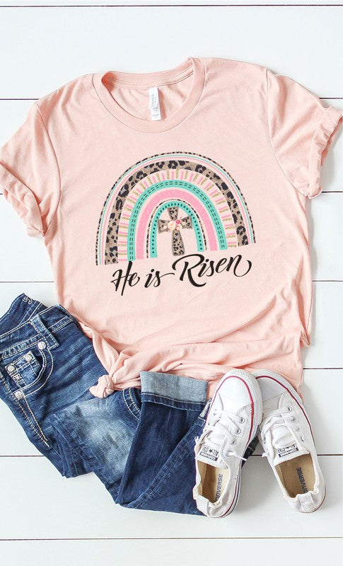 He Has Risen rainbow cross Graphic Tee