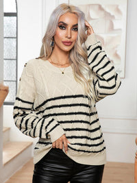 Striped Round Neck Cable-Knit Sweater - Ivy & Lane