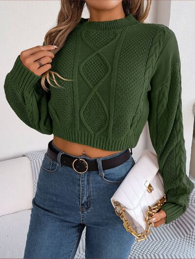 Cable-Knit Round Neck Cropped Sweater - Ivy & Lane