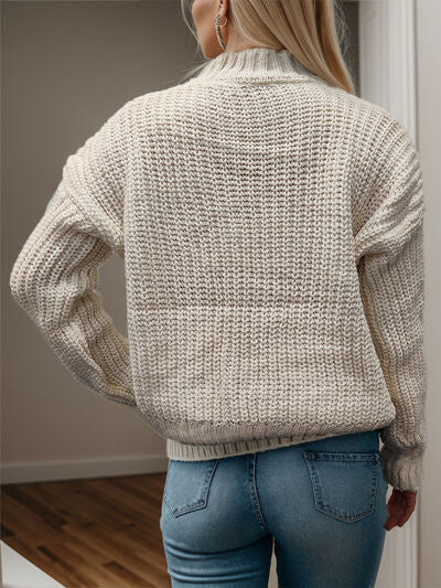 Cable-Knit Mock Neck Long Sleeve Sweater - Ivy & Lane