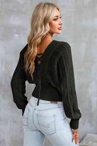 Surplice Neck Lace-Up Sweater - Ivy & Lane