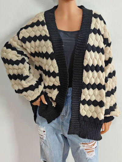 Striped Contrast Open Front Long Sleeve Cardigan - Ivy & Lane