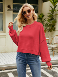 Round Neck Lantern Sleeve Sweater - Ivy & Lane