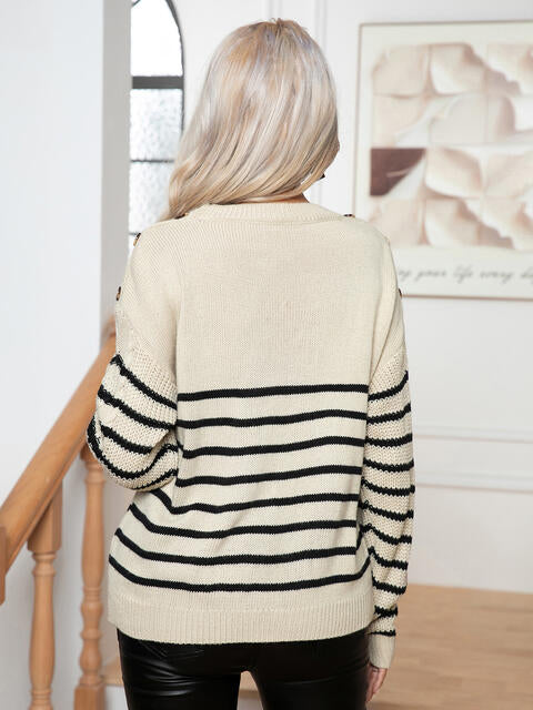 Striped Round Neck Cable-Knit Sweater - Ivy & Lane