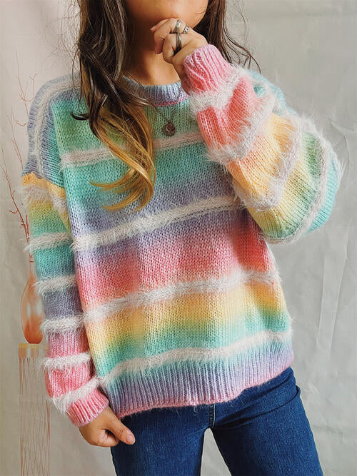 Striped Round Neck Long Sleeve Sweater - Ivy & Lane