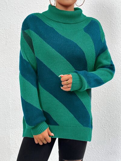 Striped Turtleneck Dropped Shoulder Sweater - Ivy & Lane