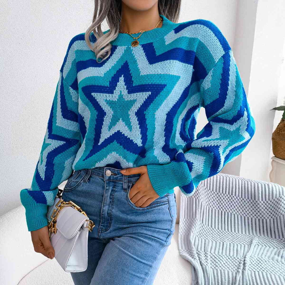 Star Round Neck Sweater - Ivy & Lane