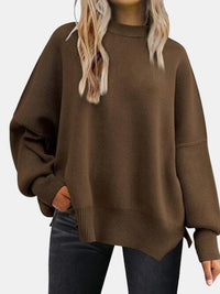 Round Neck Drop Shoulder Slit Sweater - Ivy & Lane