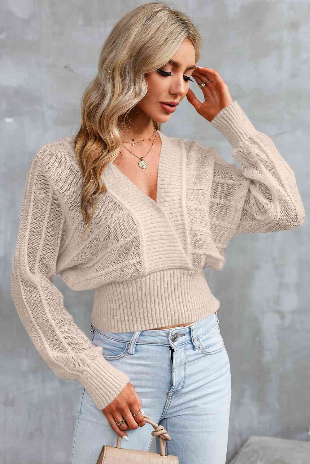 Surplice Neck Lace-Up Sweater - Ivy & Lane