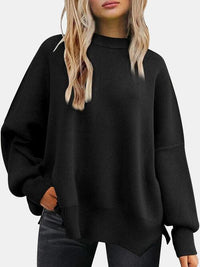 Round Neck Drop Shoulder Slit Sweater - Ivy & Lane