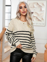 Striped Round Neck Cable-Knit Sweater - Ivy & Lane