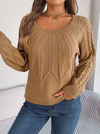 Cable-Knit Round Neck Long Sleeve Sweater - Ivy & Lane