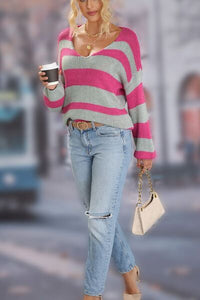 Striped Dropped Shoulder Long Sleeve Sweater - Ivy & Lane