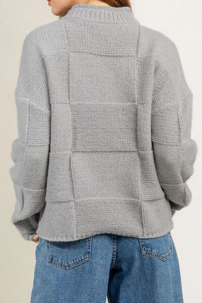 Checkered Texture Long Sleeve Sweater - Ivy & Lane