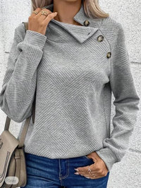 Buttoned Mock Neck Long Sleeve Sweatshirt - Ivy & Lane