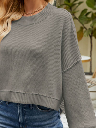 Round Neck Lantern Sleeve Sweater - Ivy & Lane