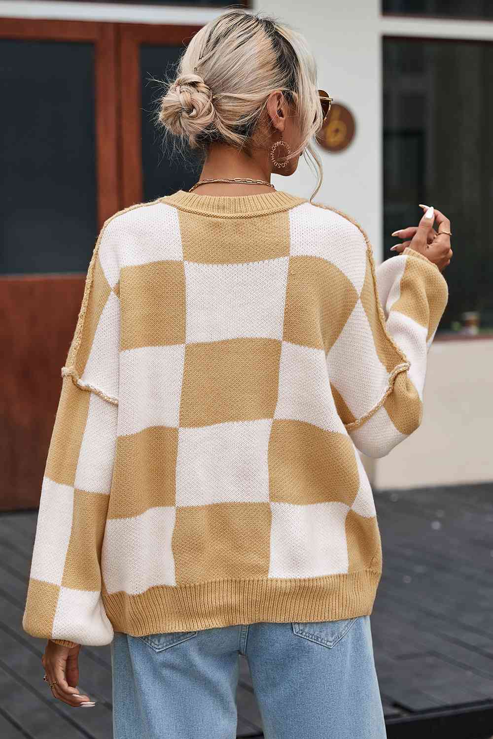 Checkered Exposed Seam Drooped Shoulder Sweater - Ivy & Lane