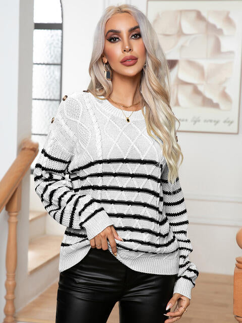 Striped Round Neck Cable-Knit Sweater - Ivy & Lane