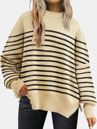 Round Neck Drop Shoulder Slit Sweater - Ivy & Lane