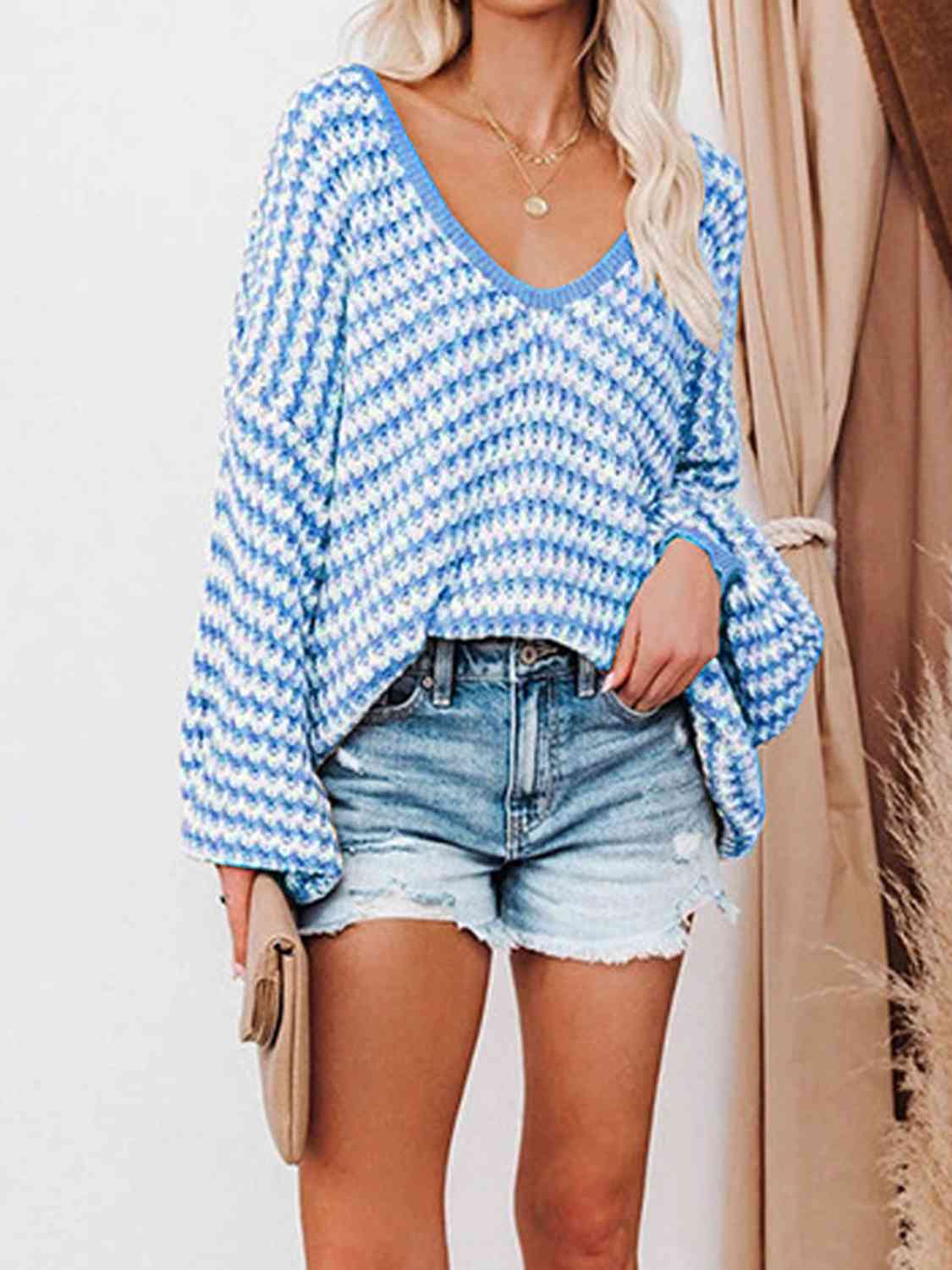 Striped Drop Shoulder V-Neck Sweater - Ivy & Lane