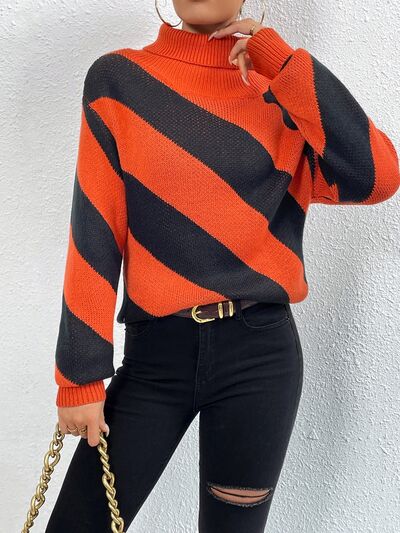 Striped Turtleneck Dropped Shoulder Sweater - Ivy & Lane