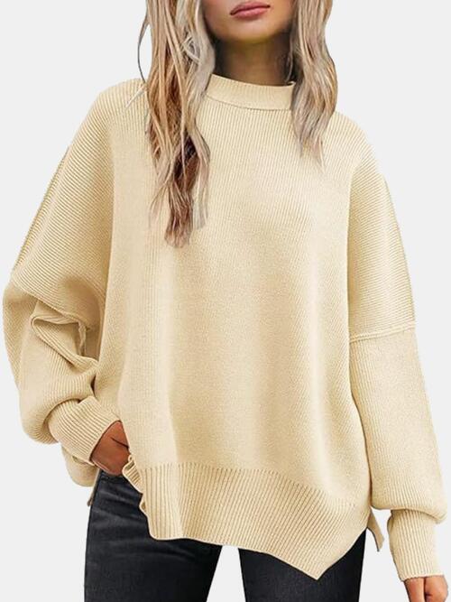 Round Neck Drop Shoulder Slit Sweater - Ivy & Lane