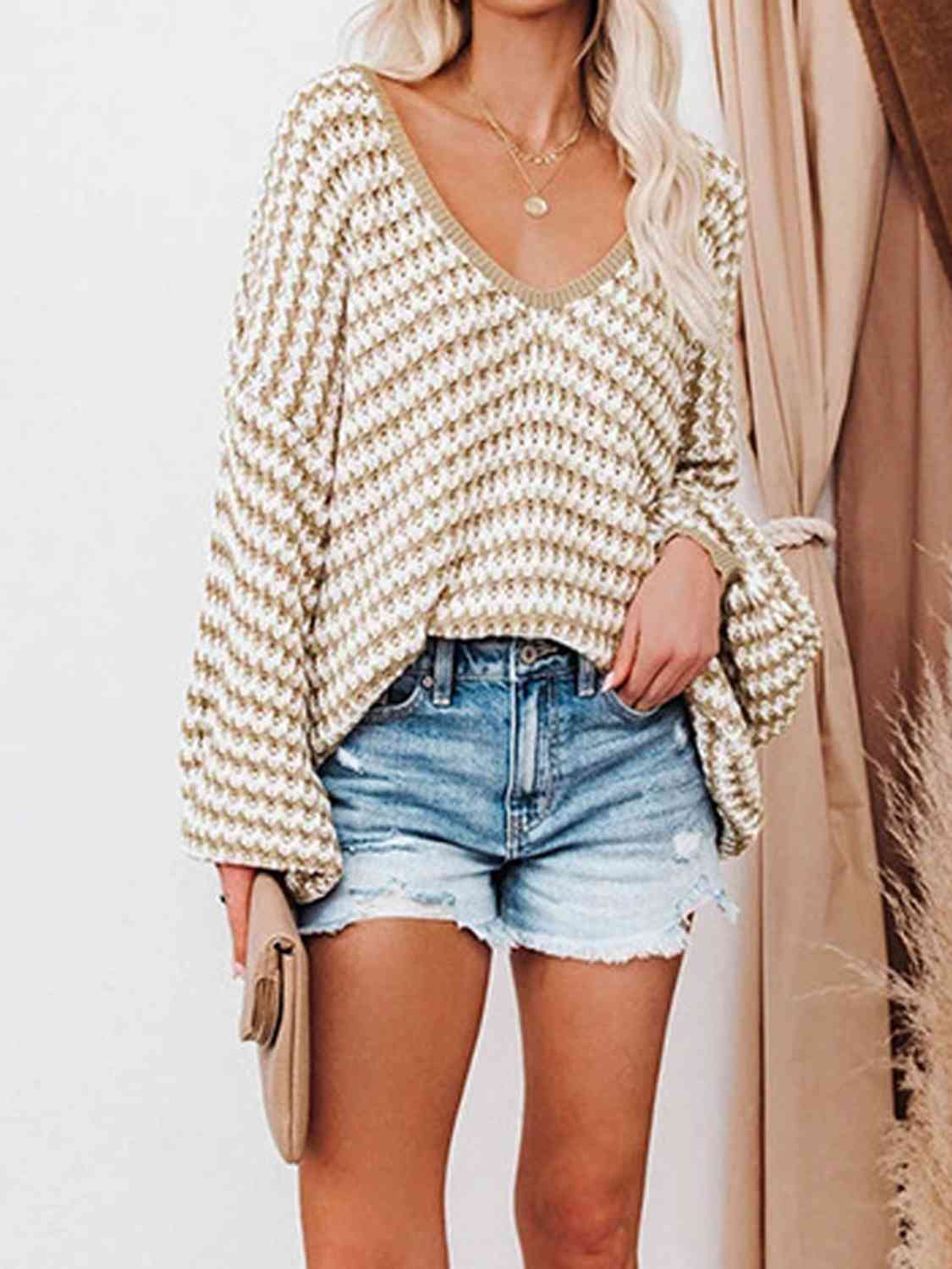 Striped Drop Shoulder V-Neck Sweater - Ivy & Lane